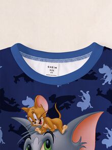 TOM & JERRY X SHEIN Casual set för ung pojke med långärmad sweatshirt med bokstavstryck och byxor - Vitt - Visa 3