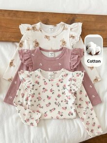 LMoss Kids Baby Girl Autumn/Winter Cute Versatile Casual Knit Solid Color Flutter Sleeve Long Sleeve Top 3-Piece Set - Multicolor - View 3