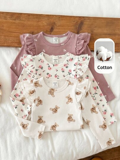 LMoss Kids Baby Girl Autumn/Winter Cute Versatile Casual Knit Solid Color Flutter Sleeve Long Sleeve Top 3-Piece Set
