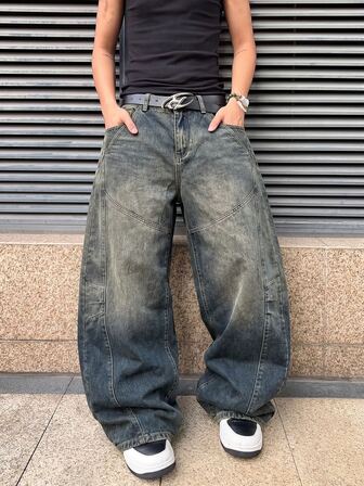Street Life Jeans da lavoro vintage sfumati e consumati per ragazzi adolescenti, pantaloni in denim larghi e ampi stile high street, jeans dad con design patchwork lavato e schiarito, streetwear versatile e drappeggiato, pantaloni in denim casual resistenti per studenti