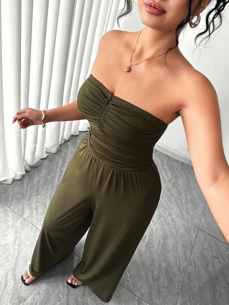 Elenzga Plus Size Women Strapless Pleated Wide Leg Jumpsuit,Olive Green Summer Elegant Wedding Guest Birthday Party Outfits,Zoey Yoga Zante Holiday Outfit - Army Green - View 7