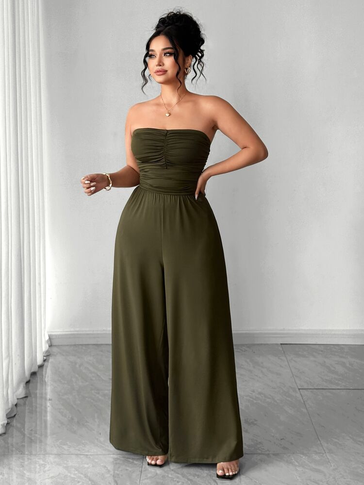 Elenzga Plus Size Women Strapless Pleated Wide Leg Jumpsuit,Olive Green Summer Elegant Wedding Guest Birthday Party Outfits,Zoey Yoga Zante Holiday Outfit - Army Green - View 4