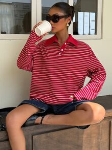 Muchica 女款條紋 Polo 領長袖休閒寬鬆版型 T 恤 - 彩色 - 查看 3