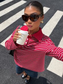 Muchica 女款條紋 Polo 領長袖休閒寬鬆版型 T 恤 - 彩色 - 查看 6