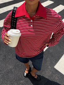 Muchica 女款條紋 Polo 領長袖休閒寬鬆版型 T 恤 - 彩色 - 查看 4