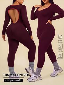 Rhythm Era Plus Size Women Seamless Backless Sports Jumpsuit - Burgundy - View 1
