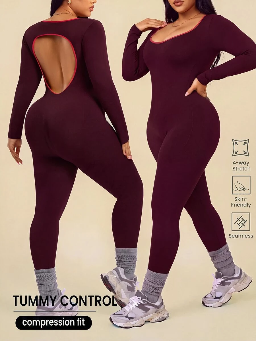 Rhythm Era Plus Size Women Seamless Backless Sports Jumpsuit - Burgundy - View 1