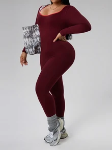 Rhythm Era Plus Size Women Seamless Backless Sports Jumpsuit - Burgundy - View 6