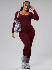Rhythm Era Plus Size Women Seamless Backless Sports Jumpsuit - Burgundy - View 2