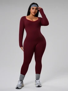 Rhythm Era Plus Size Women Seamless Backless Sports Jumpsuit - Burgundy - View 5