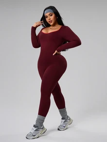 Rhythm Era Plus Size Women Seamless Backless Sports Jumpsuit - Burgundy - View 4