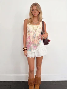 Sundraya Summer New Sweet Style Printed Ethereal Girl Ruffle Patchwork Elegant Youthful Vintage Bowknot 2 In 1 Tank Top - White - View 1
