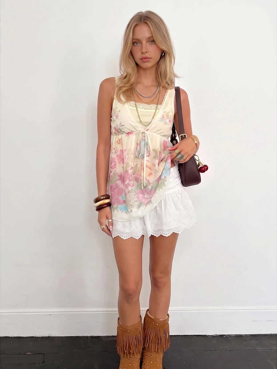 Sundraya Summer New Sweet Style Printed Ethereal Girl Ruffle Patchwork Elegant Youthful Vintage Bowknot 2 In 1 Tank Top - White - View 1