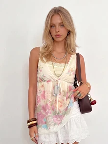 Sundraya Summer New Sweet Style Printed Ethereal Girl Ruffle Patchwork Elegant Youthful Vintage Bowknot 2 In 1 Tank Top - White - View 2