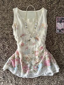 Sundraya Summer New Sweet Style Printed Ethereal Girl Ruffle Patchwork Elegant Youthful Vintage Bowknot 2 In 1 Tank Top - White - View 4