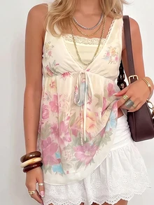 Sundraya Summer New Sweet Style Printed Ethereal Girl Ruffle Patchwork Elegant Youthful Vintage Bowknot 2 In 1 Tank Top - White - View 3