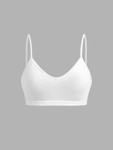 SHEIN Girlism 兒童青少年女孩黑色白色卡其色3件式多件套裝，簡約V領背心、墊肩內衣與賽車背內褲套組，舒適素色，春夏居家，Clean Girl/美式女孩風 - 卡其色 - 查看 9
