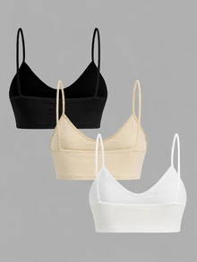 SHEIN Girlism 兒童青少年女孩黑色白色卡其色3件式多件套裝，簡約V領背心、墊肩內衣與賽車背內褲套組，舒適素色，春夏居家，Clean Girl/美式女孩風 - 卡其色 - 查看 2