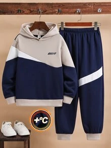 SHEIN 兒童青少年男孩服飾 男童連帽衛衣與運動長褲拼接兩件套 高 CP 值 適合通勤、上學、日常休閒、大學、旅行、運動 秋冬款 - 寶藍色 - 查看 3