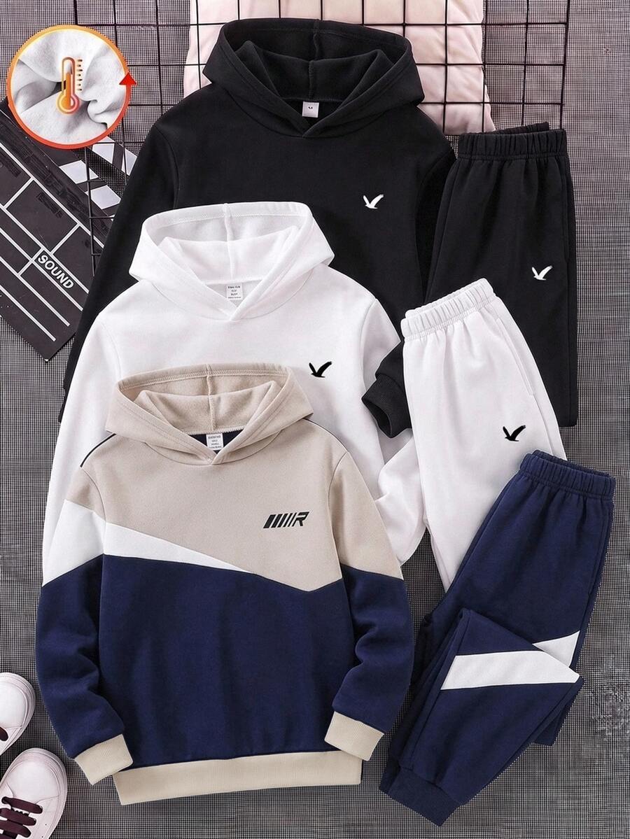 SHEIN 兒童青少年男孩服飾 男童連帽衛衣與運動長褲拼接兩件套 高 CP 值 適合通勤、上學、日常休閒、大學、旅行、運動 秋冬款 - 寶藍色 - 查看 1