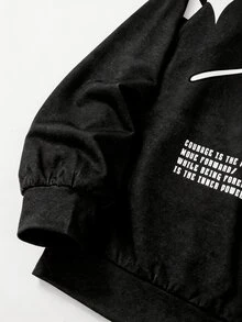 SHEIN 青少年男孩嘻哈時尚字母印花長袖秋季運動衫 - 黑與白 - 查看 5