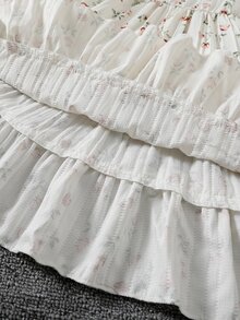 SHEIN Elladie kids 2件組少女時尚領長袖外套與彈性腰花卉印花吊帶洋裝，休閒日常與度假穿搭，適合春夏/秋冬 - 棕色 - 查看 4