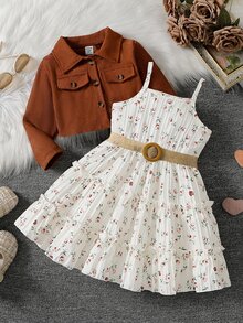 SHEIN Elladie kids 2件組少女時尚領長袖外套與彈性腰花卉印花吊帶洋裝，休閒日常與度假穿搭，適合春夏/秋冬 - 棕色 - 查看 3