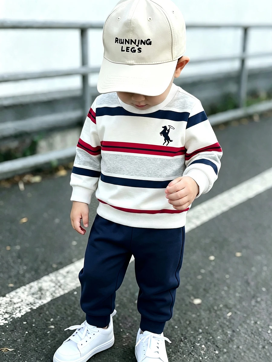 SHEIN Playful Pals 2件組嬰兒男寶寶條紋長袖上衣+圖案素色長褲家庭親子套裝 - 寶藍色 - 查看 1