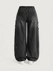 SHEIN CURVE+ Celana Jeans Denim Bordir dengan Saku Kancing dan Ujung Berumbai untuk Ukuran Plus - Hitam - View 3