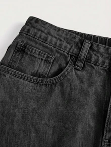 SHEIN CURVE+ Celana Jeans Denim Bordir dengan Saku Kancing dan Ujung Berumbai untuk Ukuran Plus - Hitam - View 4