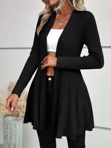 SHEIN LUNE كارديجان رسمي كاجوال بتصميم كشكش الذيل، بأكمام طويلة - الأسود - مشاهدة 1