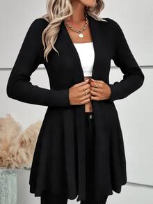 SHEIN LUNE كارديجان رسمي كاجوال بتصميم كشكش الذيل، بأكمام طويلة - الأسود - مشاهدة 4