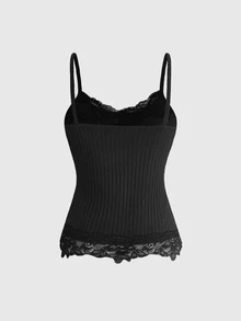 ROMWE Versatile Solid Color Contrast Lace Camisole - Black - View 2