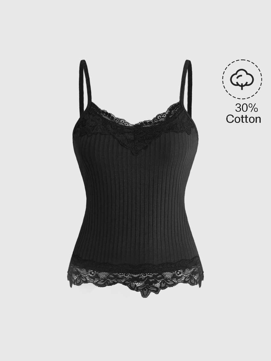 ROMWE Versatile Solid Color Contrast Lace Camisole - Black - View 1