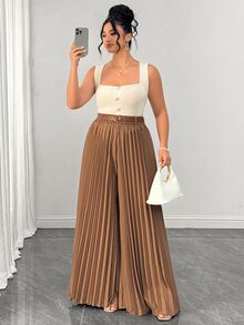 Elenzga Plus Size Women Solid Color Button Design Camisole Top And Pleated Long Pants 2-Piece Set - Multicolor - View 6