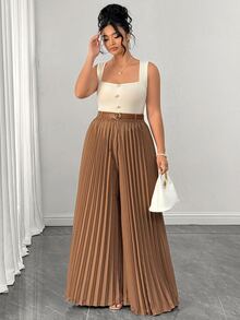 Elenzga Plus Size Women Solid Color Button Design Camisole Top And Pleated Long Pants 2-Piece Set - Multicolor - View 5