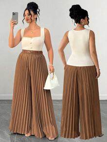 Elenzga Plus Size Women Solid Color Button Design Camisole Top And Pleated Long Pants 2-Piece Set - Multicolor - View 1