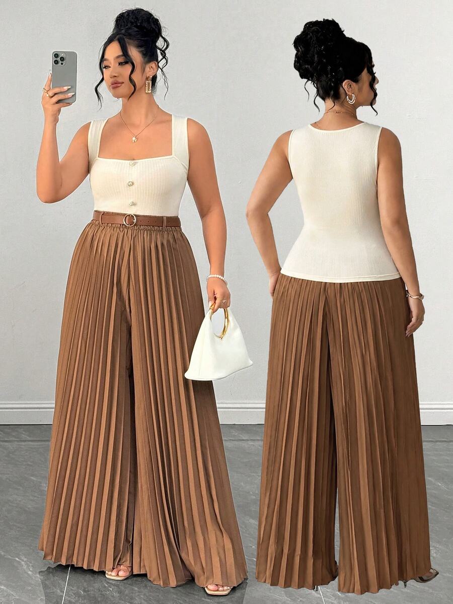 Elenzga Plus Size Women Solid Color Button Design Camisole Top And Pleated Long Pants 2-Piece Set - Multicolor - View 1