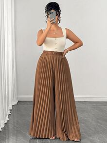 Elenzga Plus Size Women Solid Color Button Design Camisole Top And Pleated Long Pants 2-Piece Set - Multicolor - View 7