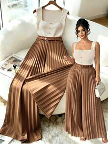 Elenzga Plus Size Women Solid Color Button Design Camisole Top And Pleated Long Pants 2-Piece Set - Multicolor - View 9
