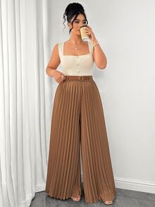 Elenzga Plus Size Women Solid Color Button Design Camisole Top And Pleated Long Pants 2-Piece Set - Multicolor - View 4