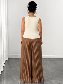 Elenzga Plus Size Women Solid Color Button Design Camisole Top And Pleated Long Pants 2-Piece Set - Multicolor - View 2