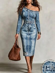 SHEIN LUNE Gaun Midi Bodycon Wanita dengan Motif Cetak, Leher Asimetris, Bahu Terbuka, Lengan Panjang, dan Sabuk, Pas Badan, dan Belahan Samping - MultiWarna - View 4