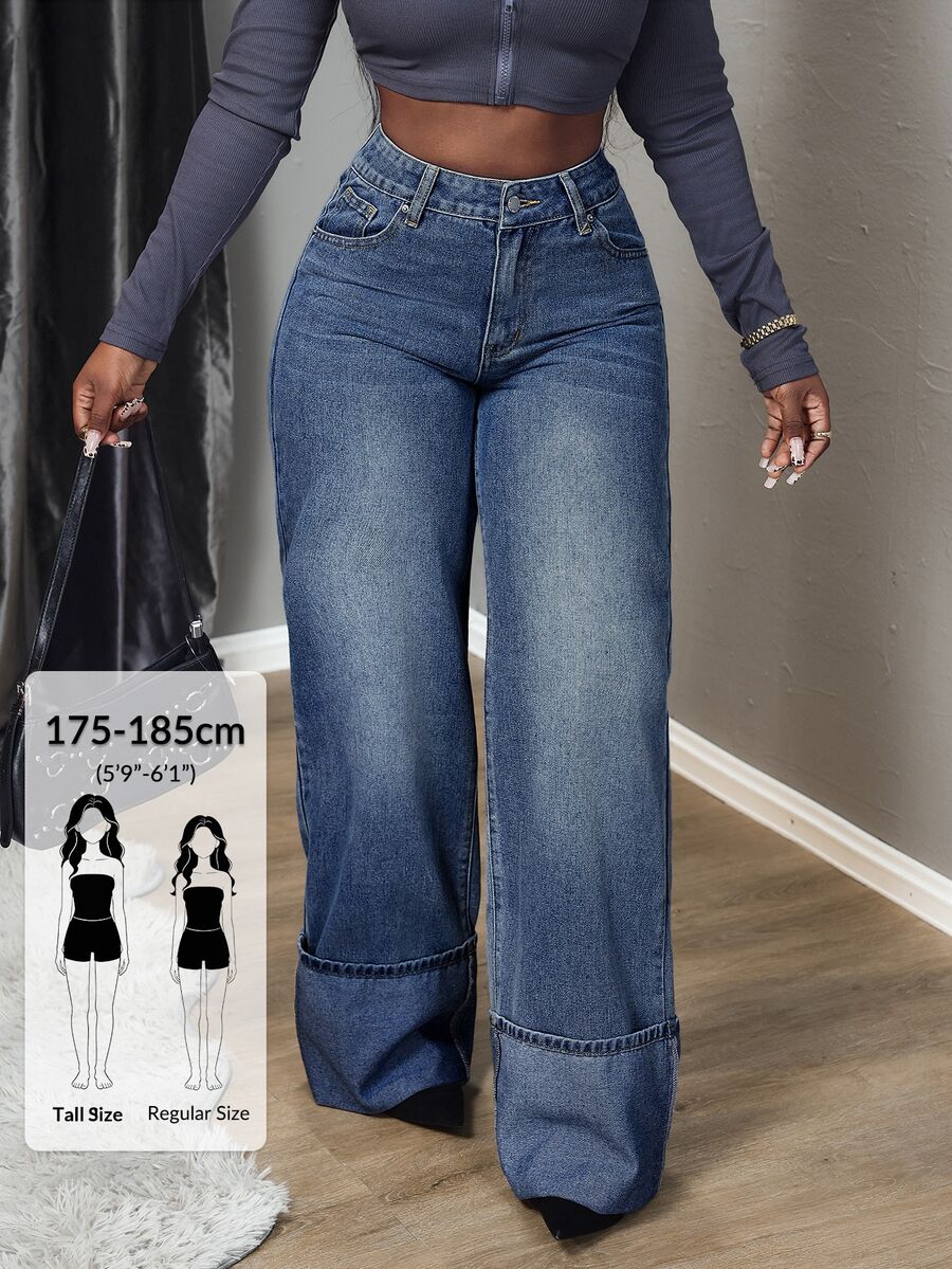 SHEIN Tall Women's Solid Color Casual Jeans, Tall Women - Dark Wash - View 1