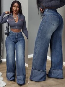 SHEIN Tall Women's Solid Color Casual Jeans, Tall Women - Dark Wash - View 7