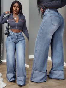 SHEIN Tall Women's High Waist Pockets Wide Leg Loose Casual Versatile Jeans, Tall Women - Blue - View 6