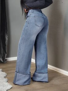SHEIN Tall Women's High Waist Pockets Wide Leg Loose Casual Versatile Jeans, Tall Women - Blue - View 3