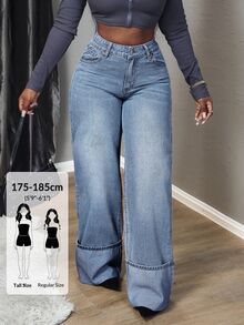 SHEIN Tall Women's High Waist Pockets Wide Leg Loose Casual Versatile Jeans, Tall Women - Blue - View 1