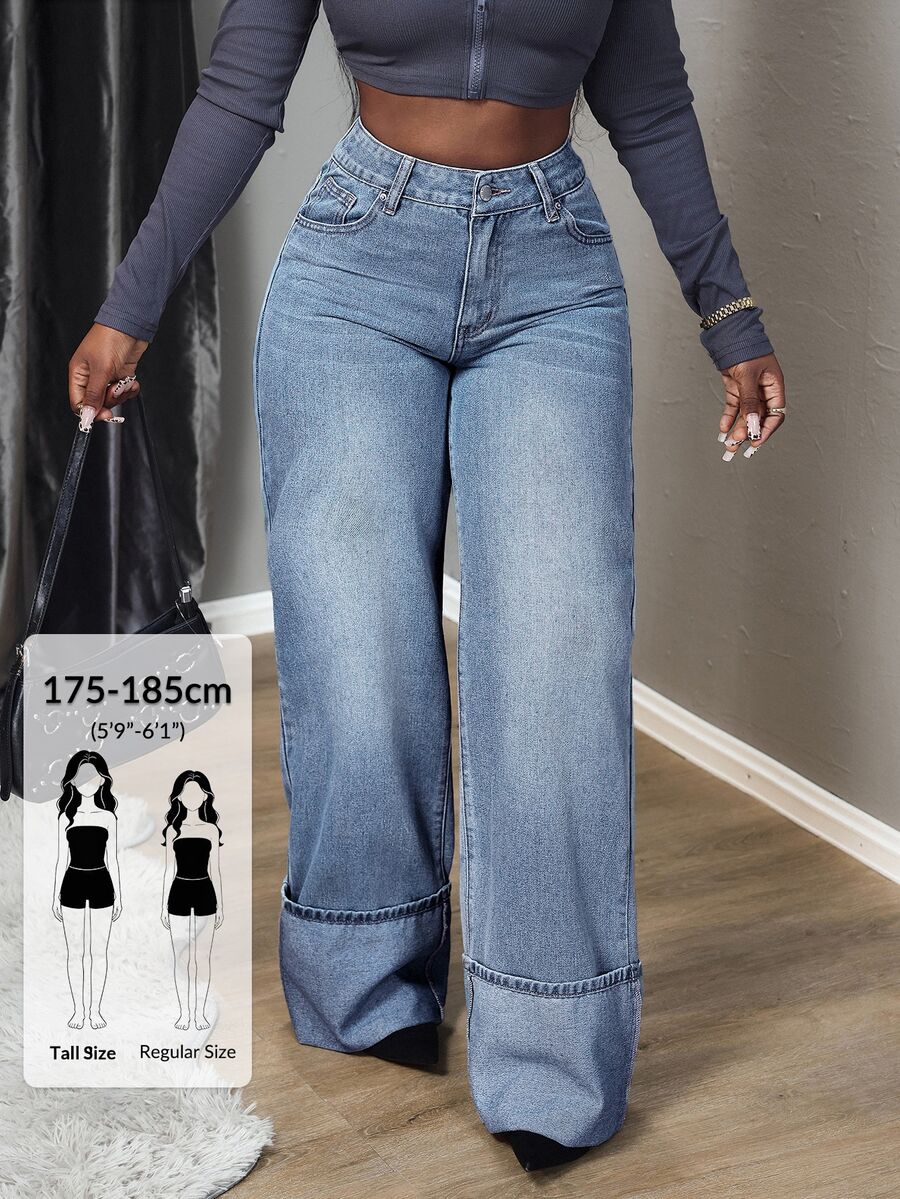 SHEIN Tall Women's High Waist Pockets Wide Leg Loose Casual Versatile Jeans, Tall Women - Blue - View 1