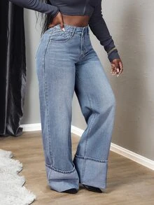 SHEIN Tall Women's High Waist Pockets Wide Leg Loose Casual Versatile Jeans, Tall Women - Blue - View 5